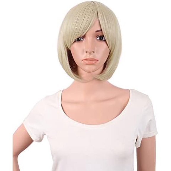 Short Bob Straight Side Bangs Synthetic Fiber Heat Resistant Hair Party Wig (Blonde)