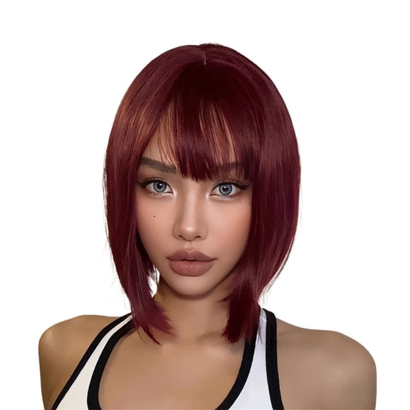 Short Bob Synthetic Wigs Burgundy Wine Red Straight Wig with Bangs Heat Reasistant