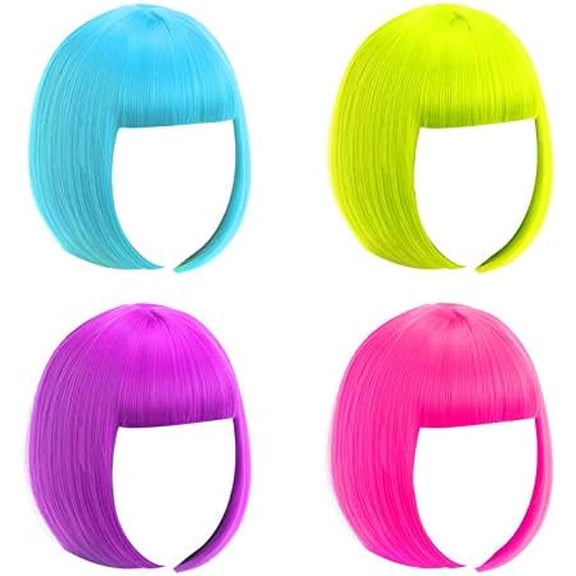 Short Bob Wig, 4 count Colorful Wigs, 12"  Wigs with Flat Bangs, Neon Colored Wig for Women Party Favors Bachelorette Party Night Club with Extra Wig Cap