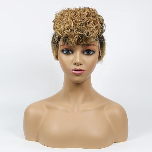 Short Bob Wig Human Hair Bangs Curly Wigs for Black Women 360x1 Lace Wigs 150% Density Elastic Band and Adjustable Glueless Machine Madeor Black Women (360x1 Curly Bob Wigs, 1B/27#)