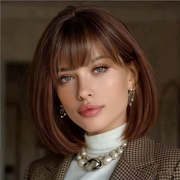 EAEABJ Short Straight Bob Wig with Bangs for Women, 12 Inch Light Brown Synthetic