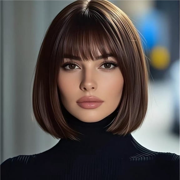Short Bob Wig,Straight Bob Wig with bangs, 12 inch Straight Bob Bangs Wig,Short Synthetic Fiber Bob Wigs for Women Natural Looking for Daily Use