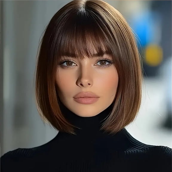Short Bob Wig,Straight Bob Wig with bangs, 12 inch Straight Bob Bangs Wig,Short Synthetic Fiber Bob Wigs for Women Natural Looking for Daily Use
