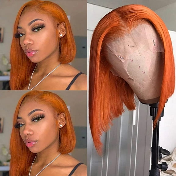 Short Bob Wigs 14inch 13x4 Lace Front Straight Human Hair Wigs Pre Plucked Peruvian Virgin Hair 150% Density Orange Bob for Women