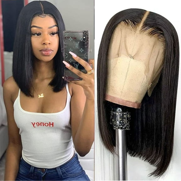 Short Bob Wigs Human Hair Pixie Cut Middle Part 13x6 Lace Front Bob Wigs Straight Brazilian Virgin Human Hair 150% Density HD Lace Wigs Natural Black Color 14 Inch
