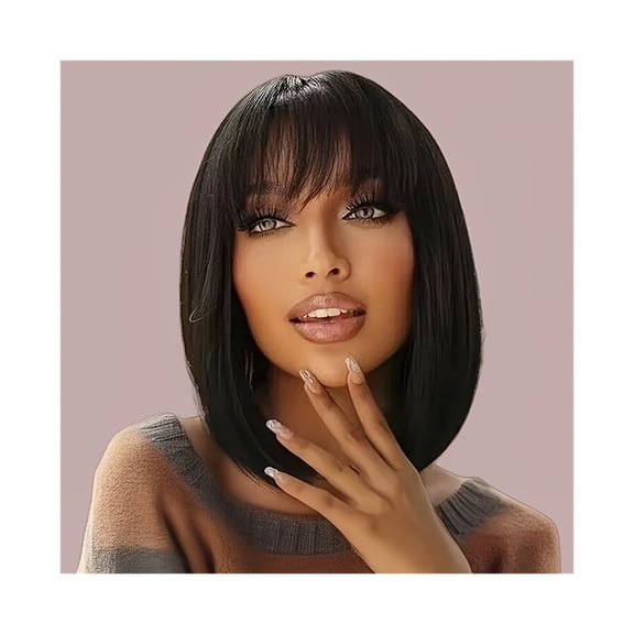 Short Bob Wigs Human Hair with Bangs Straight Bob Wig 8 Inch Full Machine Made
