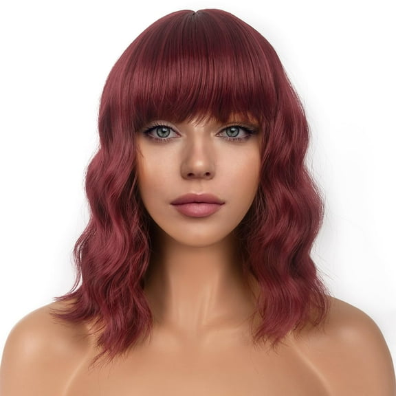 Short Bob Wigs with Bangs for Women Loose Wavy Wig Curly Wavy Shoulder Length Bob Synthetic Cosplay Wig for Girl Colorful Costume Wigs-Auburn
