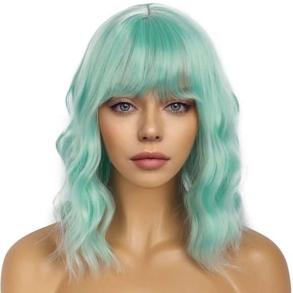 Short Bob Wigs with Bangs for Women Loose Wavy Wig Curly Wavy Shoulder Length Bob Synthetic Cosplay Wig for Girl Colorful Costume Wigs-Mint Green
