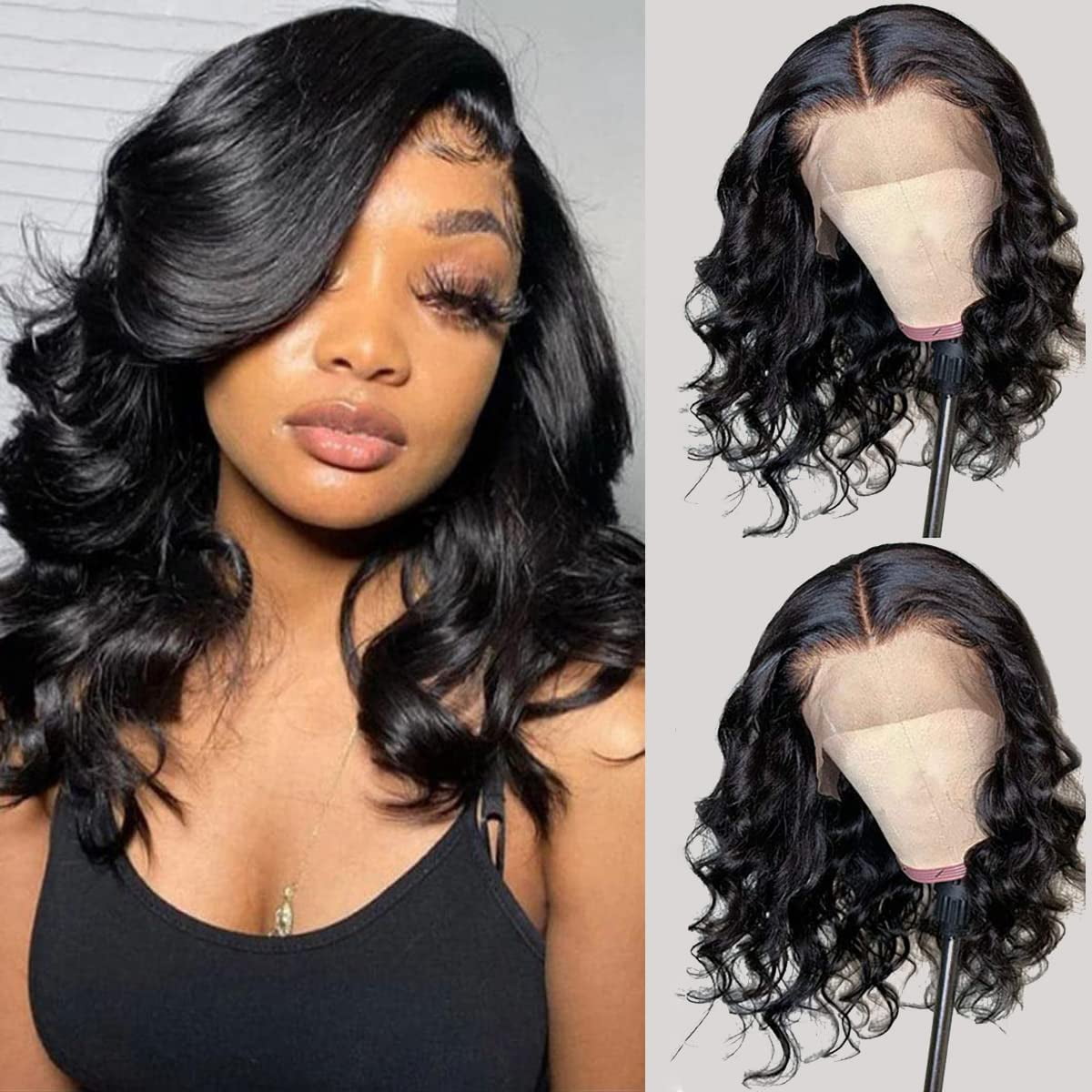 Short Body Wigs for Black Women Human Hair Pre Plucked Glueless Body Wave Lace Front Wigs Human Hair with Baby Hair 13x4 HD Transparent Lace Frontal Wigs with Natural Hairline 14 Inch