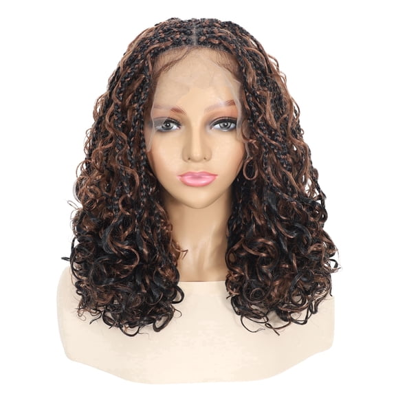 More Beautiful Women's 16 Inch Synthetic Full Lace Short Box Braids Wig, Black Brown Curly