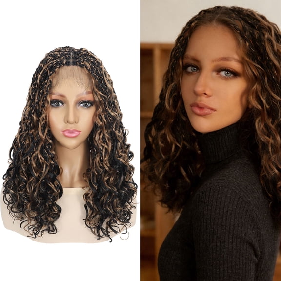 More Beautiful Boho Braided Full Lace Blended Goddess Box Braids Wig with Curly Ends, Brown, 1 Count