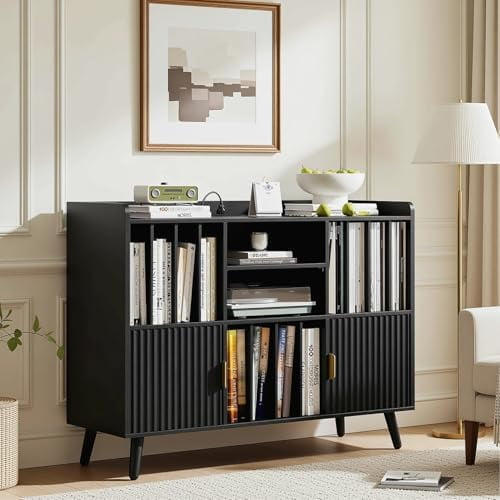 Short Bookshelf with Cabinet, Short Bookcase with Doors, Low Bookcases with Charging Station, 2 Shelf Bookcase for Living Room, Office, Black$$Home Decor, Kitchen, & Other
