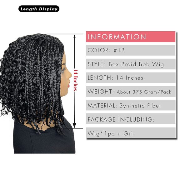 Short Box Braided Bob Wig for Black Women, 14 Inch Curly Goddess Box Braids Wigs Synthetic Box Braiding Hair Black Boho Braid Wigs for Women(#1B, 14") #1B 14 Inch (Pack of 1)