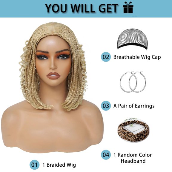 Short Box Braided Bob Wig for Black Women, 14 Inch Curly Goddess Box Braids Wigs Synthetic Box Braiding Hair Black Color Bob Wigs with Natural Hair Line for Women(#1B, 14) (#613) #613