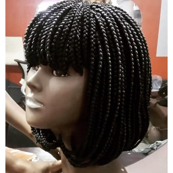 Short Box Braided Wigs with Bangs for Black Women Micro Braids Wigs Synthetic Heat Resistant Fiber Small Braids Black Wig (Fake Scalp Wig, 1b)