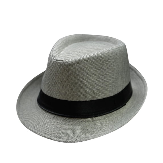 Short Brim Breathable Straw Fedora Hat for Men and Women, Summer Trilby Homburg Jazz Derby Cap with Ribbon Band, Foldable Panama Gatsby Sun Hat for Party Costume and Beach Wear,Grey