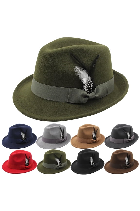 Short Brim Fedora Hats for Men & Women Felt Dress Panama Trilby Hats with Feathers Band Red One Size