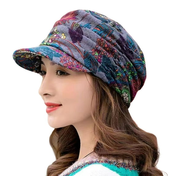 Short Brim Warm Foldable Earflap Women Cap Ethnic Style Floral Print Autumn Winter Hat Daily Clothing,Dark Gray
