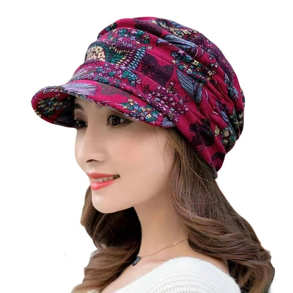 Short Brim Warm Foldable Earflap Women Cap Ethnic Style Floral Print Autumn Winter Hat Daily Clothing,Rose Red