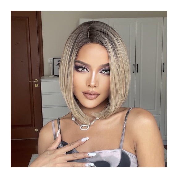 Short Brown Bob Wigs for Women Straight Synthetic Hair with Dark Roots Middle Part Daily Cosplay High Temperature Wig