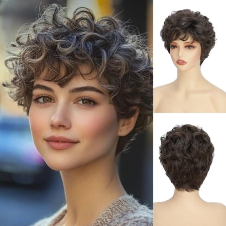 Short Brown Curly Pixie Cut Wig with Highlights for Women Natural Looking Wig for Daily Party Cosplay Use