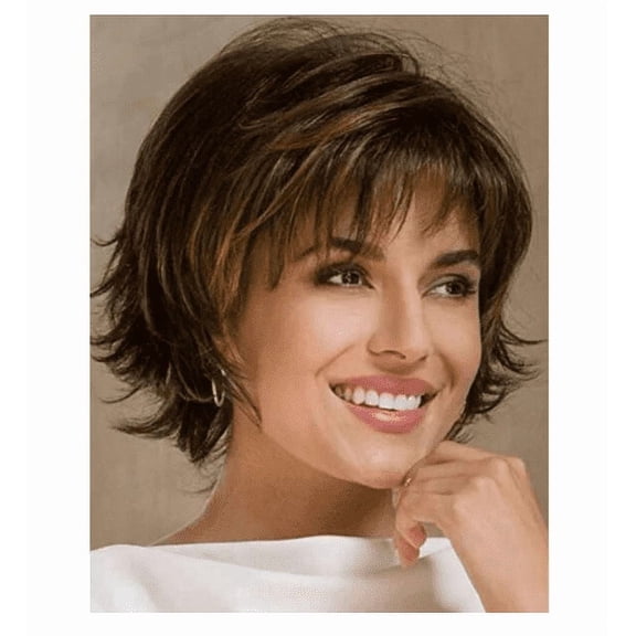 Short Brown Pixie Cut Wigs for Women, Curly Wig with Bangs Natural Wavy Synthetic Hair Wigs Cap