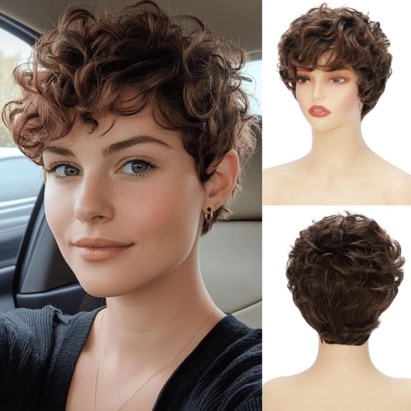 Short Brown Pixie Cut Wigs for Women Natural Brown Curly Hair Wig with Fuffly Bangs for Daily Cosplay Halloween Use