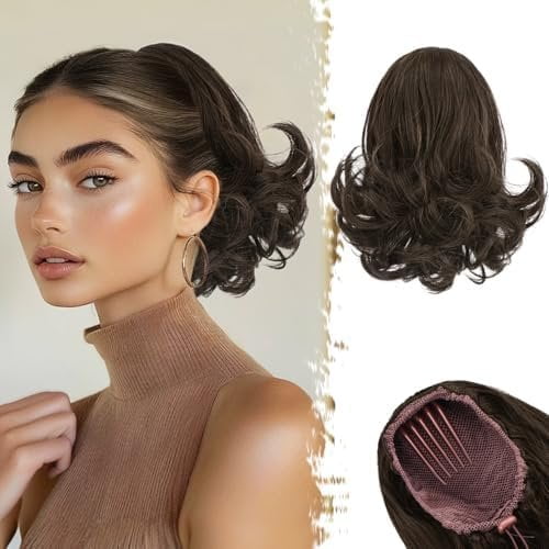 Short Brown Ponytail Extension - 10 Inch Wavy Drawstring Ponytail Hair Extensions for Women - Synthetic Comb Clip  Ponytail Hairpieces  Pony Tails Daily - Brown