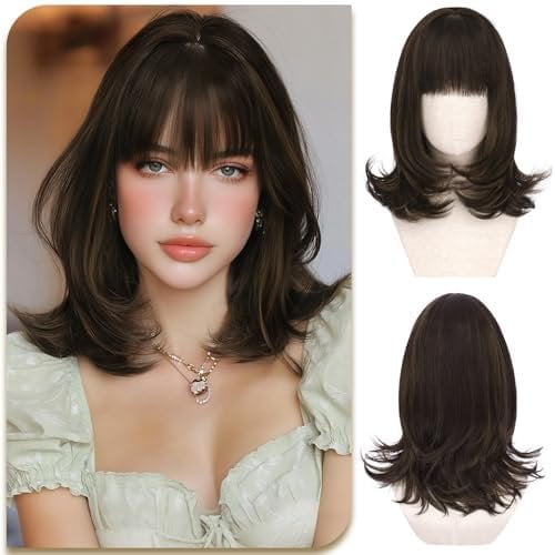 Short Brown Wig with Bang for Women - 15 Inch  Length Layered Straight Bob Wigs  Looking Synthetic Soft Heat Resistant Wig for Women Daily Party Use,Brown with Highlights