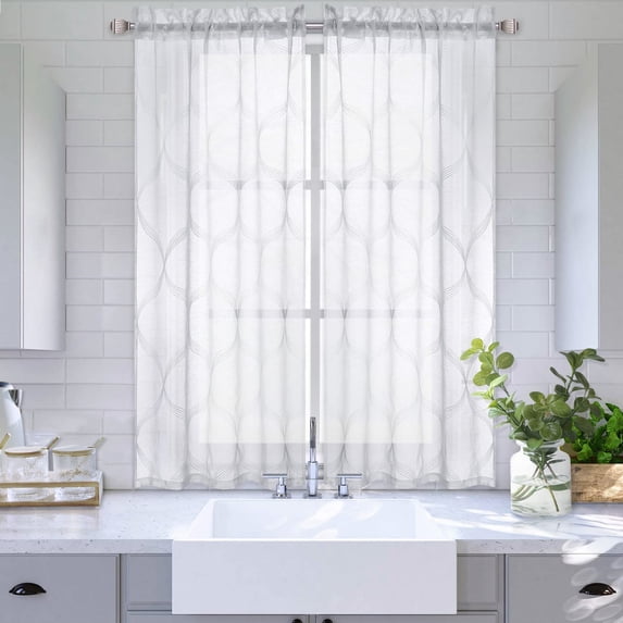 Short Cafe Curtains Farmhouse Geometric Embroidered Kitchen Curtains Semi Sheer Small Tier Curtain Window Treatment Panels for Bathroom Bedroom Office Nursery, 26" W x 30" L Grey