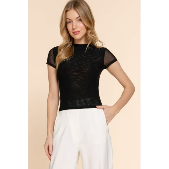 Short Cap Slv High Neck 2 Ply Mesh Top