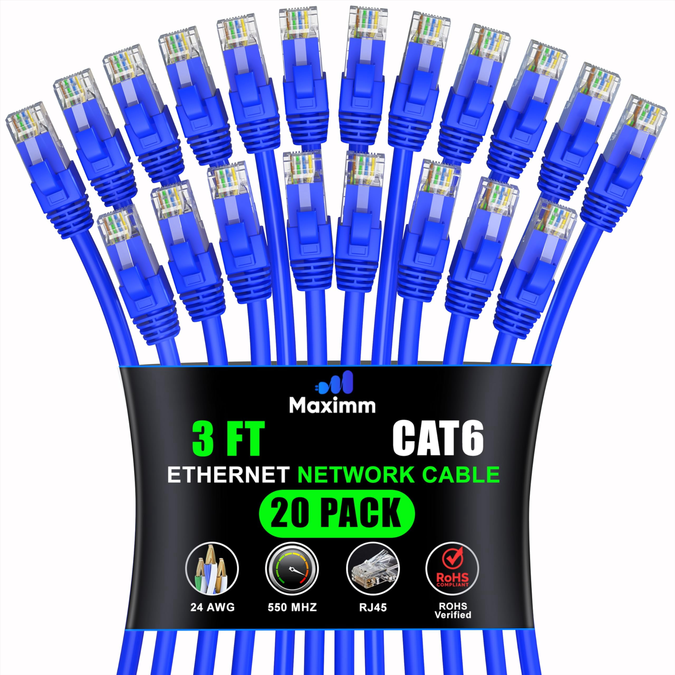 Maximm Cat 6 Ethernet Cable 3 ft (20-Pack) - High-Speed LAN Cable, Internet Cable, Patch Cable, and Network Cable - UTP, 10Gbps, 550MHz Ethernet Cord - Blue