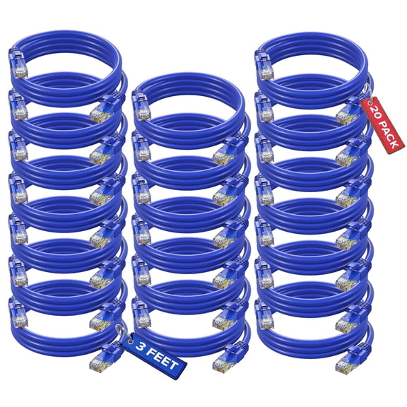 Maximm Cat6 Ethernet Cable 20-Pack 3 ft – CCA LAN Network Patch Cords, RJ45, Blue