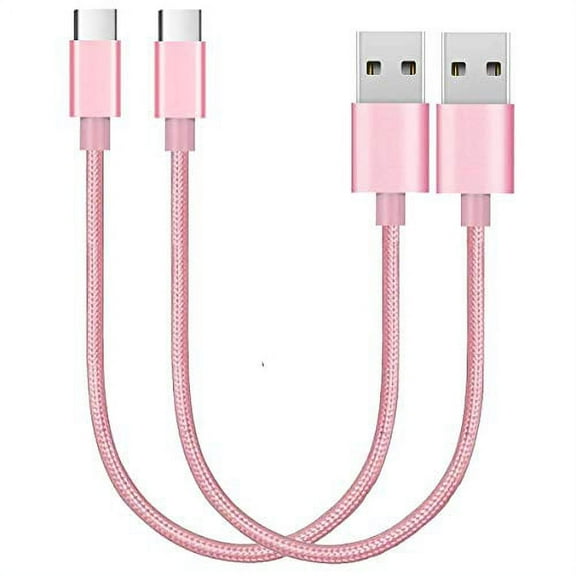 Short Chargers, USB Type-C to USB A Fast Charger Cable Cords, High Speed Data and Charging, Nylon Braided, 2-Pack, 7-Inch (Pink)