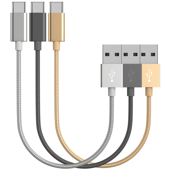 Short Chargers, USB Type-C to USB A Fast Charger Cable Cords, High Speed Data and Charging, Nylon Braided, 3-Pack, 7-Inch, Silver, Gold, Grey