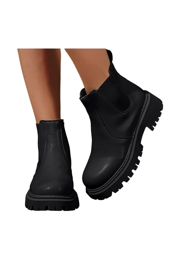 Short Chelsea Boots for Women Slip on Elastic Chunky Lug Sole Round Toe Waterproof Fall Ankle Booties