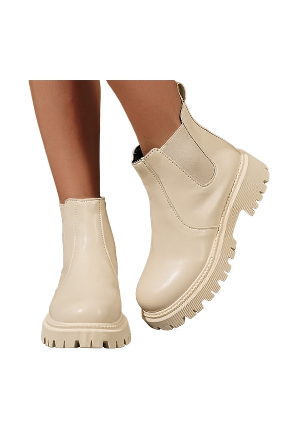 Short Chelsea Boots for Women Slip on Elastic Chunky Lug Sole Round Toe Waterproof Fall Ankle Booties