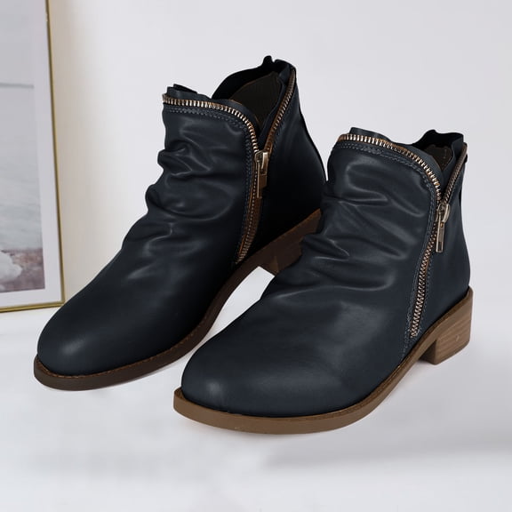 Short Chelsea Boots for Women Slouchy PU Leather Fashion Zip Around Round Toe 2026 Fall Ankle Booties
