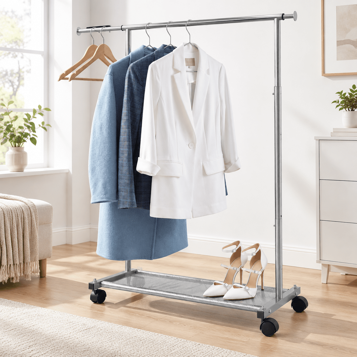 Short Clothing Racks For Hanging Clothes With Bottom Shelves And Wheels ...