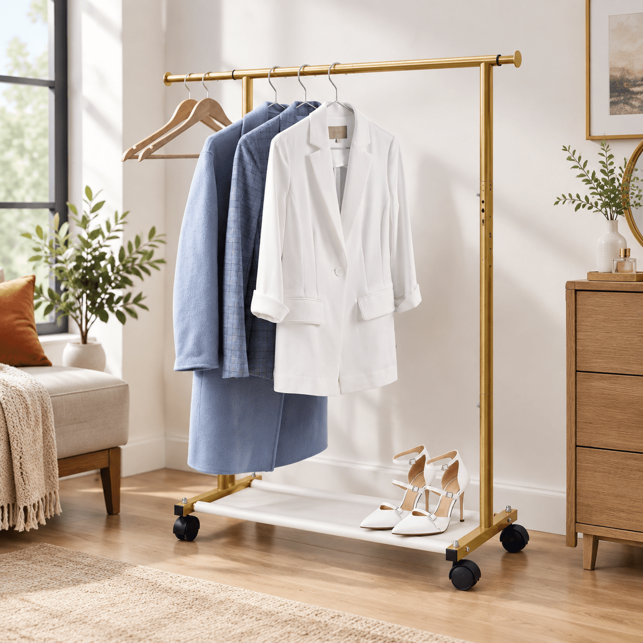 Short Clothing Racks For Hanging Clothes With Bottom Shelves And Wheels ...