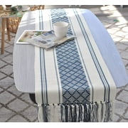 Short Coffee Table Runner with Tassels 14x48 Inches, Navy Blue & Cream | Cotton Woven Washable Boho Dresser Scarf for Bedroom | Farmhouse Console Tabletop Centerpiece Decorations