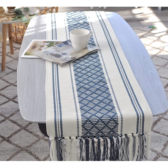 Short Coffee Table Runner with Tassels 14x48 Inches, Navy Blue & Cream | Cotton Woven Washable Boho Dresser Scarf for Bedroom | Farmhouse Console Tabletop Centerpiece Decorations