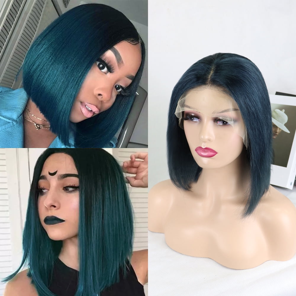Short Colored Bob Wigs 13×4 Lace Front Human Hair Wigs 14 Inch with Baby Hair 150% Density Straight Bob Green Wigs Brazilian Hair for Women