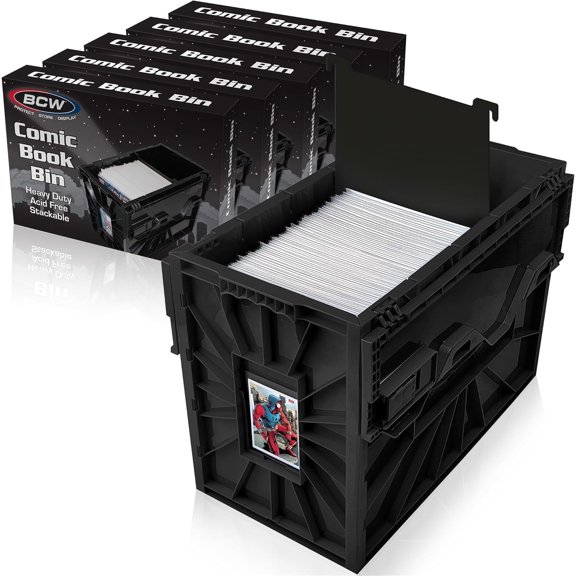 Short Comic Book Bin | Holds 150 Comics | Stackable Plastic Storage | Acid-Free Organizer | Black, 5 Pack