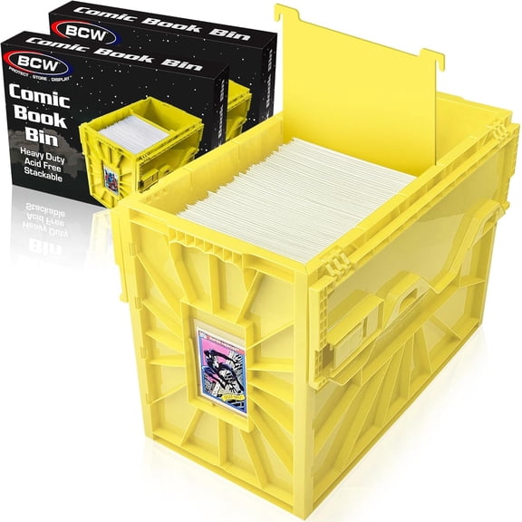 Short Comic Storage Bin | Holds 150 Issues | Stackable Acid-Free Plastic Organizer | Yellow | 2 Pack