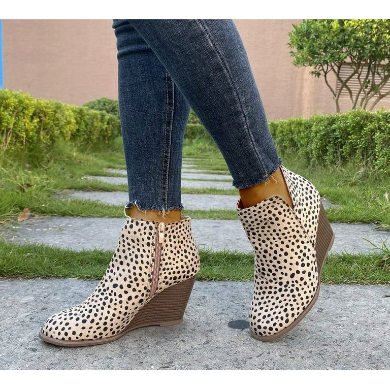 Short Cowboy Boots for Women Low Heel Platform Wedge Booties Stacked Buckle Strap Slip On Womens Shoes Round Toe Keep Warm Short Boots Solid Color