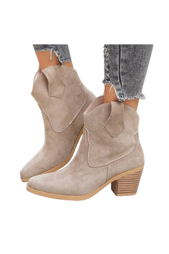 Short Cowboy Boots for Women Suede Splice Pull on Stacked Heel Wide Calf Ankle Booties Pointed Toe Cowgirl Boots