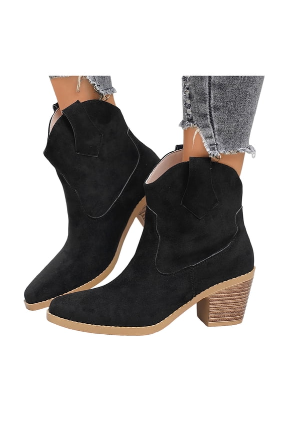 Short Cowboy Boots for Women Suede Splice Pull on Stacked Heel Wide Calf Ankle Booties Pointed Toe Cowgirl Boots