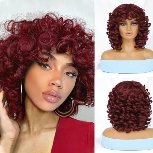 Short Curly Afro Wigs with Bangs for Black Women, Synthetic, , 14 Inch,