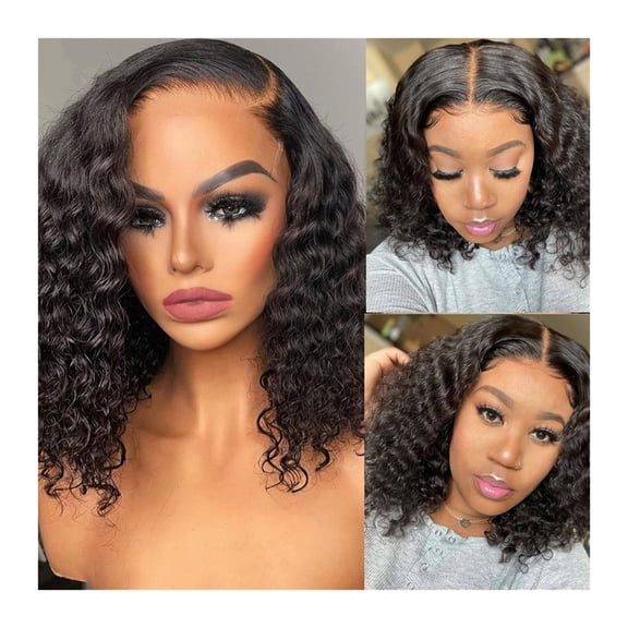 Short Curly Bob Human Hair Wig Water Wave 4x4 Transparent Lace Closure Wigs for Women 8-14" Pre Plucked Peruvian Hair 4x4 Bob Lace Wig with Baby Hair